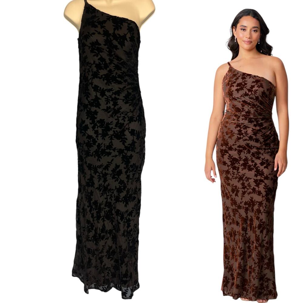Revelry Jade Floral Burnout Maxi Dress Formal Gown One Shoulder Black Size 2 NWT